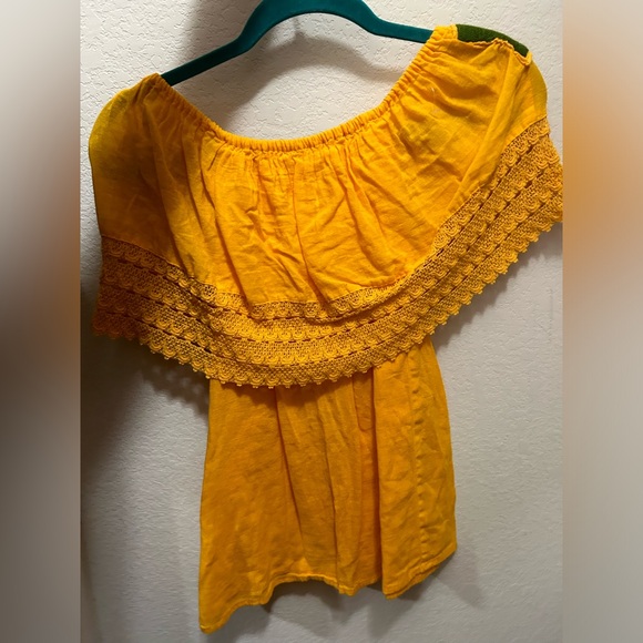 Mexican Floral Embroidery Off The shoulder Yellow Top Shirt Blouse Wedding S/M - Picture 2 of 2